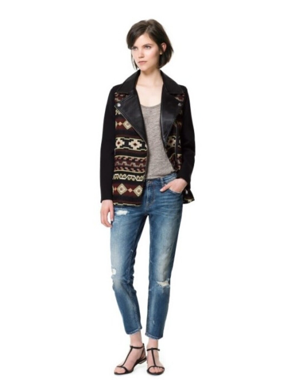 Zara Womens Size Small Knit Aztec Western Tribal Moto Leather Jacket Oversized - Picture 2 of 8